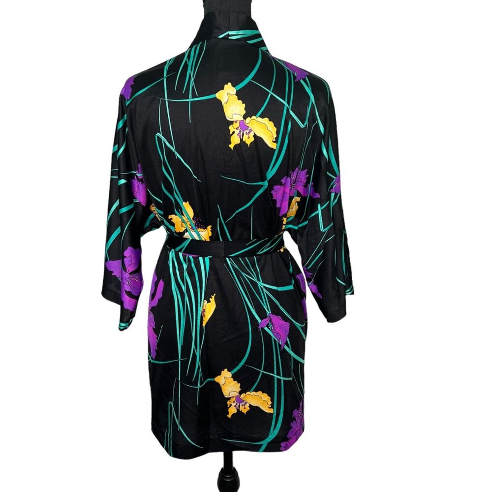 Vintage Kamehameha Floral Robe Hawaiian Belted Black Original Tropical Size L - Picture 4 of 10